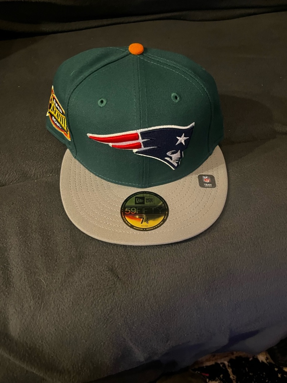 New Era New England Patriots Dark Green and Gray Fitted Cap with Orange Button
